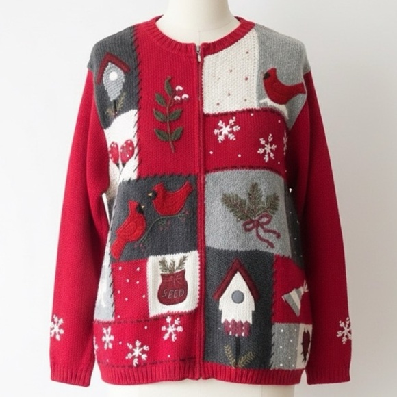 croft & barrow Sweaters - Vintage Croft Barrow Red Winter Patchwork Cardinal Snowflake Full Zip Sweater XL